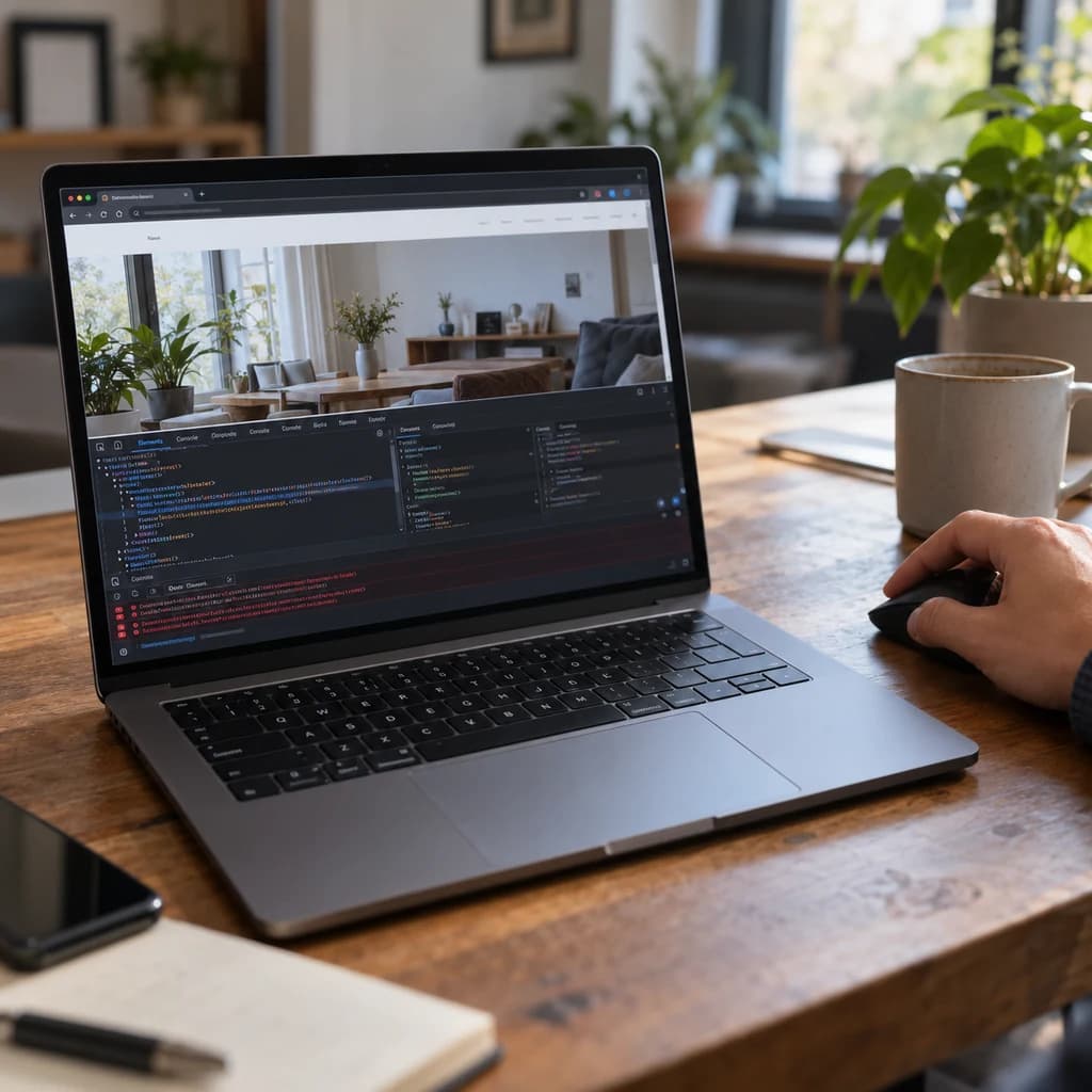 A developer using a laptop with browser developer tools open while testing a website.