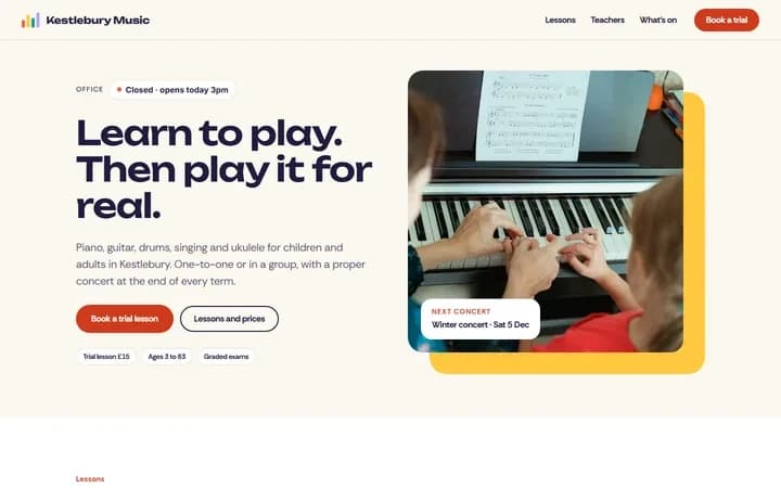 Kestlebury Music School WordPress starter site homepage preview