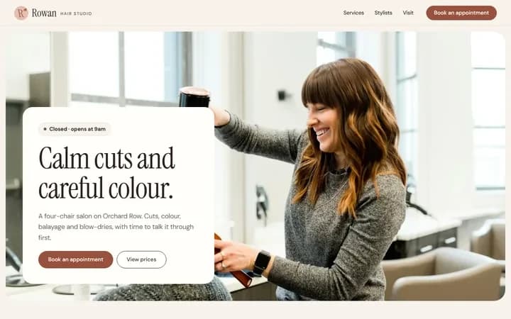 Rowan Hair Studio WordPress starter site homepage preview