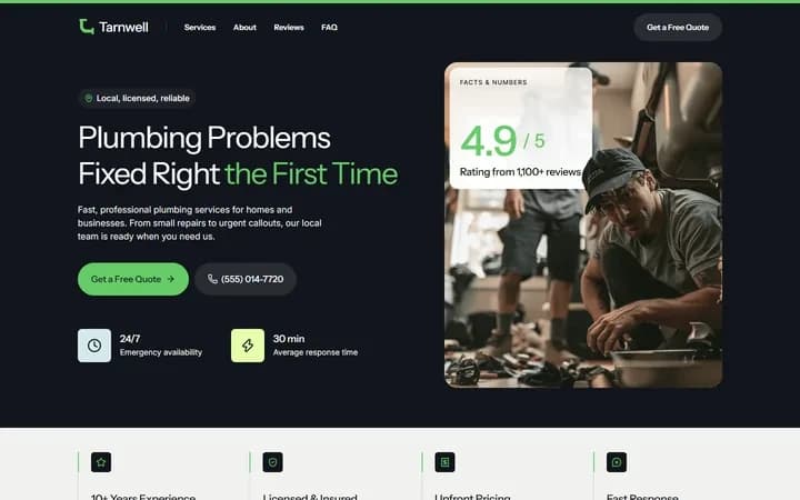 Tarnwell Plumbing WordPress starter homepage preview