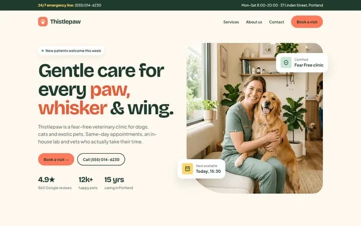 Thistlepaw Veterinary Clinic WordPress starter site homepage preview