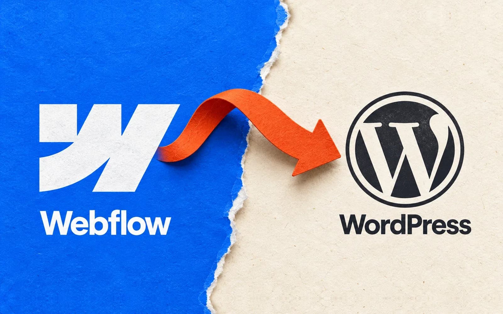 An orange paper arrow curves from the white Webflow logo on blue to the WordPress logo on cream paper.