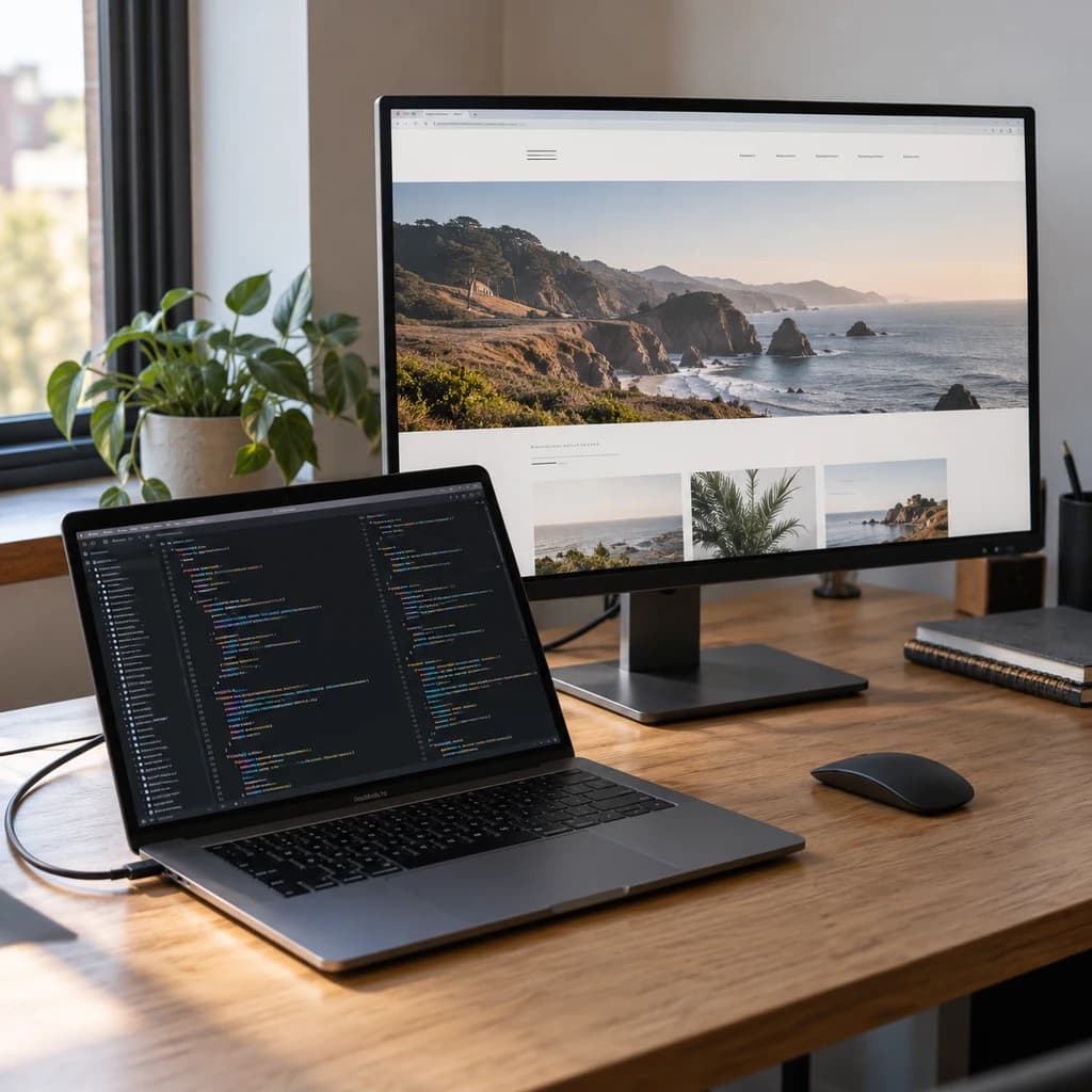 A development workspace with a website preview on a monitor and code on a laptop.