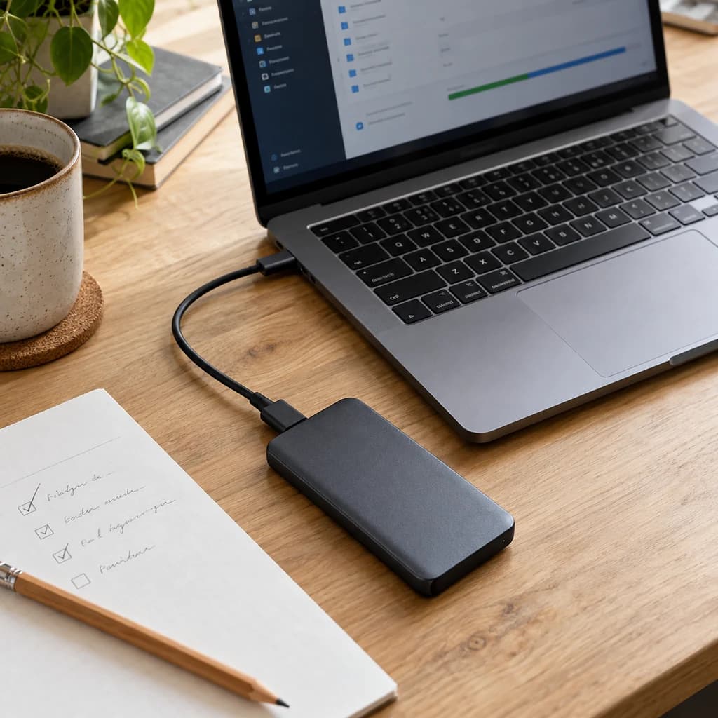 A connected portable backup drive beside a laptop and a maintenance checklist on a wooden desk.