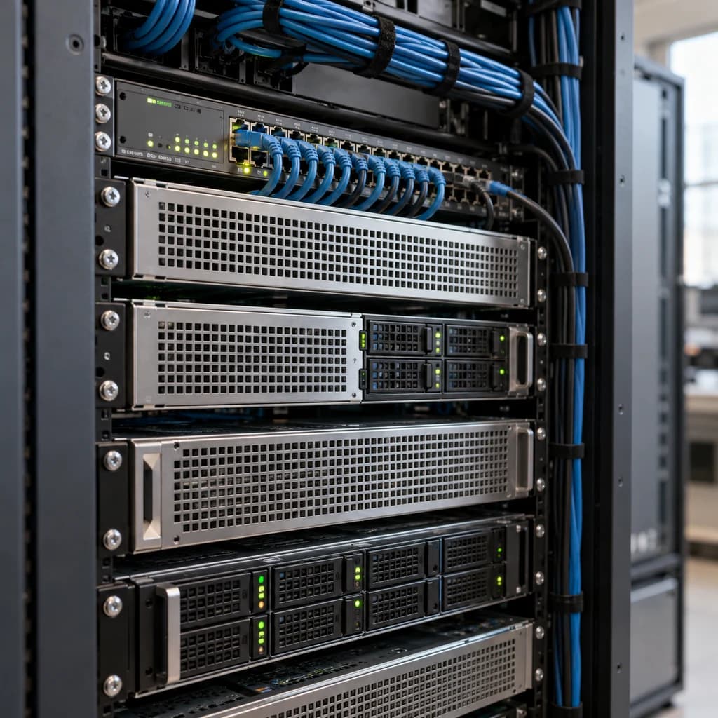 A close view of server hardware, network connections and status lights in a working equipment rack.
