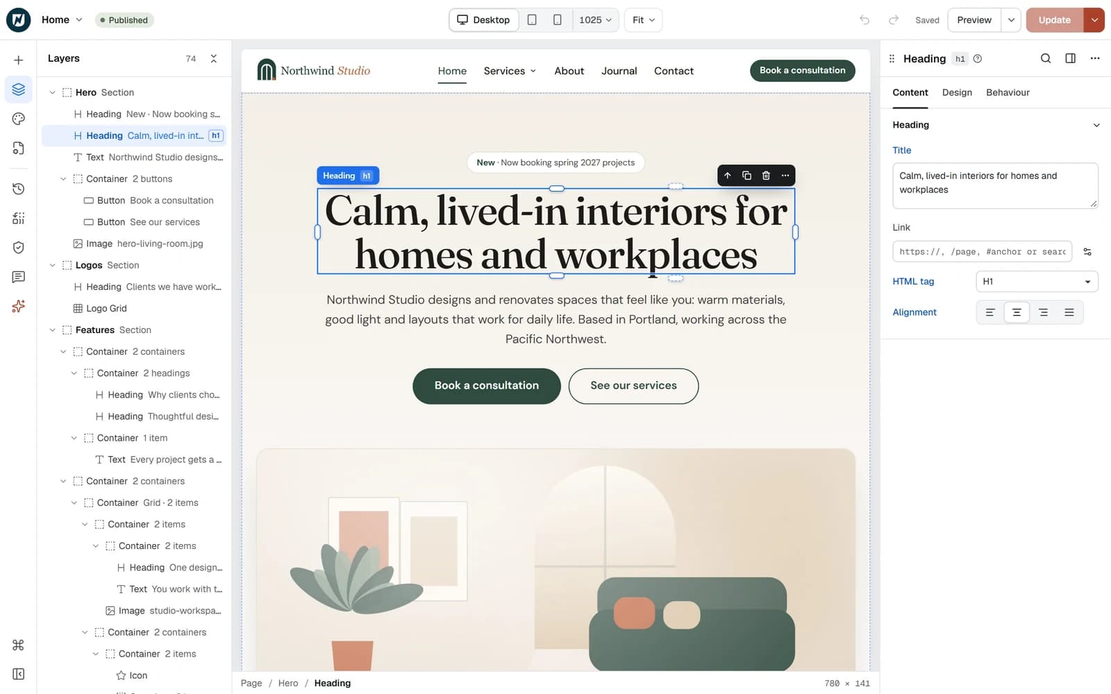 Uncoder’s visual WordPress editor, with page layers on the left, a live website canvas in the center and heading controls on the right.