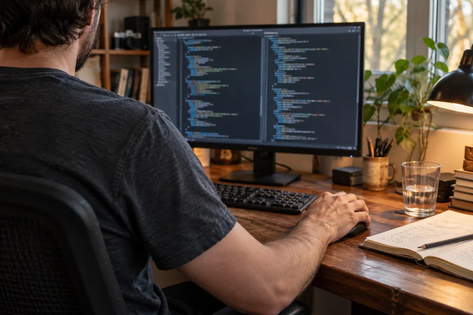 A developer reviewing code on a monitor at a lived-in desk, photographed from behind with their face out of view.