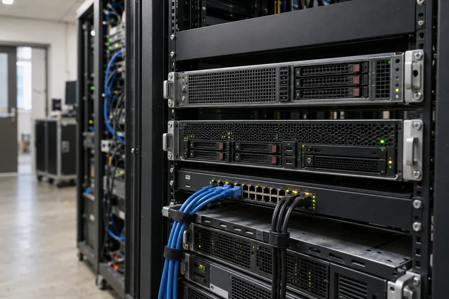 Rows of physical servers with metal ventilation grilles, status lights and Ethernet cables in a working server room.