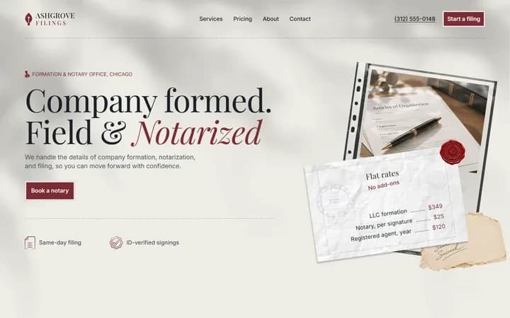 Ashgrove Filings WordPress starter site homepage preview