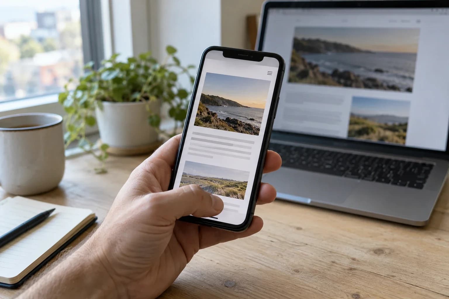 A hand holding a smartphone displaying a website, with a laptop softly blurred on the desk behind it.