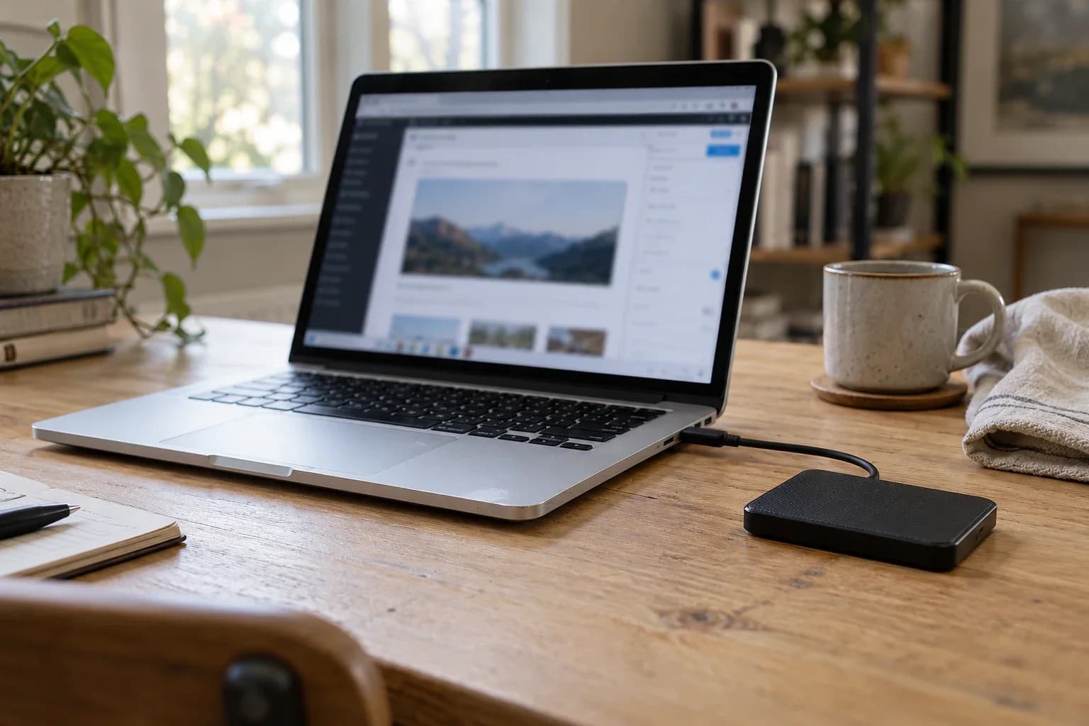 A laptop and connected portable backup drive on a naturally lit wooden work desk.