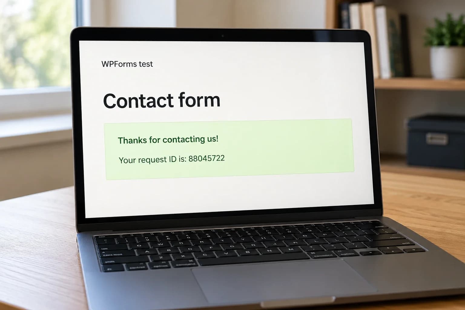 A laptop displaying a WPForms contact-form confirmation with the generated eight-digit request ID 88045722.