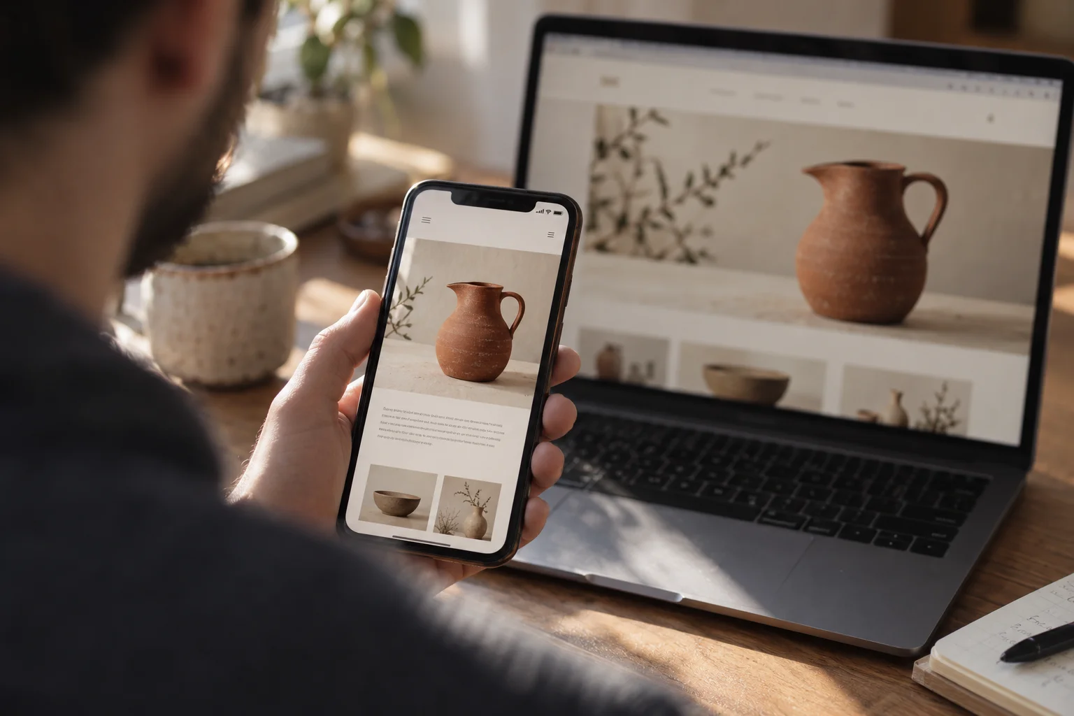 A ceramics website open on a phone and laptop, showing how the same jug fits each screen.